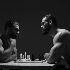 gigachad, 2nas, beard, black hair, board game, buff, chess, chessboard, closed mouth, ernest khalimov