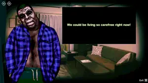 debtor (no im not a human), its out get in here, 1soyjak, arm, biting lip, black eyes, closed mouth, clothes, couch, curtain