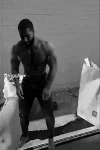 gigachad, beard, black hair, buff, car, clothes, collapse, falling, food, full body