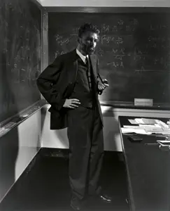 gigachad, beard, black hair, book, chalkboard, closed mouth, clothed, clothes, full body, gray skin