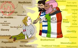 yes chad, it's based and christpilled, antifa, beard, blonde hair, brown eyes, brown skin, closed mouth, gray shirt, greece