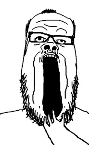 a24 slowburn soyjak, 1soyjak, balding, glasses, hair, hands, looking up, monochrome, open eyes, open mouth