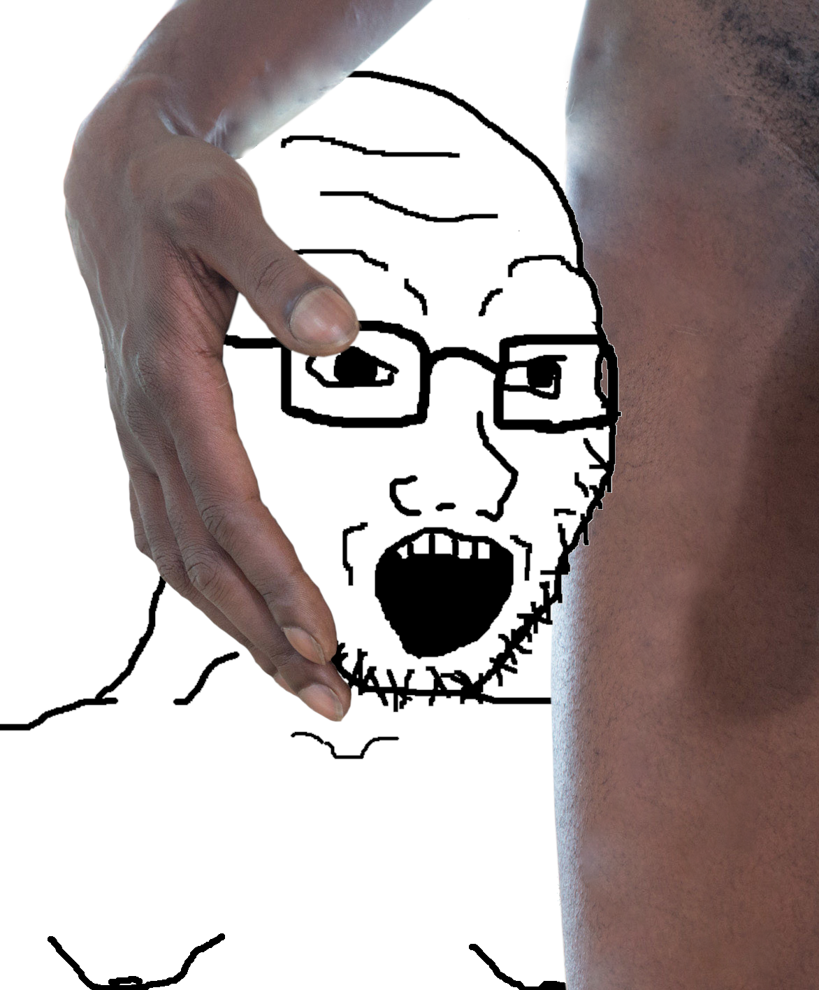 soyak, 1soyjak, bbc, black eyes, black man, bull, finger, glasses, gynaecomastia, hands