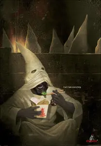 sisa9000, gigachad, ad campaign, burm, chopsticks, fast food, fire, flame, full body, gray skin