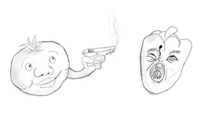 ack, blood, face, food, gun, hands, hanging, monochrome, pepper, smile