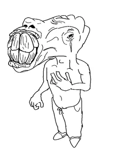 arm, art, big teeth, clothes, crying, eyebrows, full body, half open mouth, hands, leg