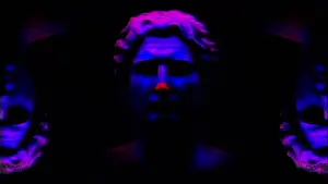 black background, clown makeup, dark, ominous, shadow, vhs, original content