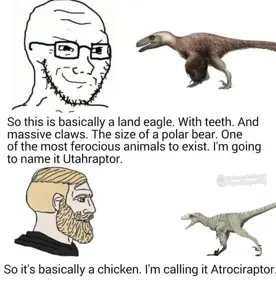 yes chad, soyak, soyak (smug), 1soyjak, animal, beard, chad, dinosaur, eyes, facial hair