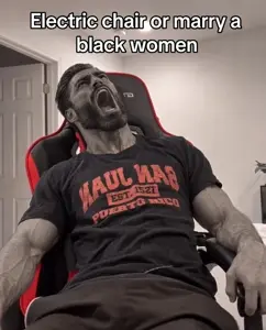gigachad, chair, ear, electric chair, eye, hair, i am the big buff grey man, nose, shirt