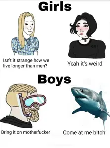 doomer girl wojak, tradwife wojak, wojak, animal, bald, black glasses, black text, english text, fish, great white shark