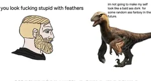 yes chad, 1nas, animal, beard, dinosaur, feather, feathers, meme, side view, text