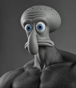cheesecake, eddward, gigachad, squidward tentacles, big nose, black and white, blinking, blue eyes, buff, frowning