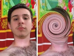 body hair, brown hair, closed mouth, effect, front view, goatee, hair, irl background, looking at you, mr swirl