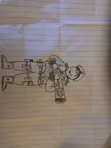 gapejak, wholesome soyjak, 1soyjak, beret, closed mouth, clothes, drawing, full body, glasses, gun