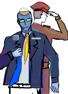 fuckflags, admin, almost full body, back view, bald, belt, blue glasses, blue skin, cap, closed mouth