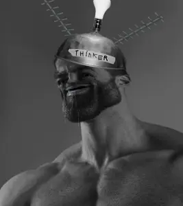 gigachad, gigatard, 1nas, antenna, beard, black hair, buff, clothes, confused, drool