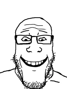 markiplier soyjak, 1soyjak, bald, black eyes, glasses, grin, looking down, raised eyebrows, smile, stubble