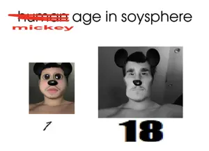 mickey mouse, commiejak, mickey, 2soyjaks, age, big eyes, black hair, black text, chad, deformed