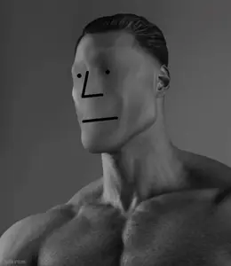 gigachad, npc wojak, wojak, closed mouth, gray background, gray hair, gray skin, hair, no beard, npc
