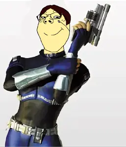 gapejak, female gapejak, femjak, brown hair, closed mouth, female, firearm, glasses, gun, hair