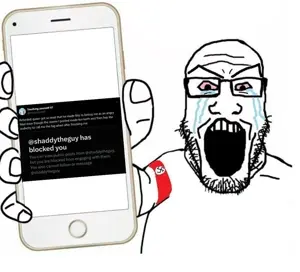 markiplier soyjak, showing phone, 1soyjak, bald, black eyes, crying, front view, glasses, hands, holding object