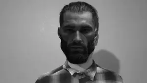 gigachad, beard, black eyes, black hair, buff, closed mouth, front view, gray skin, hair, irl background