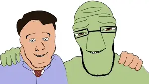 cephalopod soyjak, feraljak, gapejak, wholesome soyjak, no more brother wars, 2soyjaks, bald, black eyes, blue suit, brown eyes