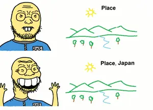 soykio kid, thing japanese, bald, blue shirt, closed eyes, clothes, drawn, excited, hands, hands up