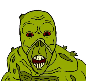 swamp thing, el perro rabioso, 1soyjak, angry, bald, black eyes, front view, green skin, looking at you, media