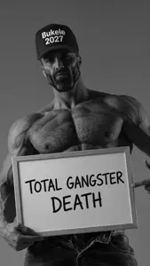 gigachad, almost full body, beard, black and white, black hair, buff, bukele 2027, english text, ernest khalimov, front view