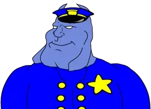 police man ganson, meximutt, mexiaryan, 1soyjak, bald, blue skin, buff, closed mouth, discord, discord logo facial mark