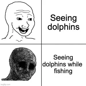 wojak, 2nas, 2wojaks, bald, comic, dolphin, fishing, forehead lines, open mouth, smile