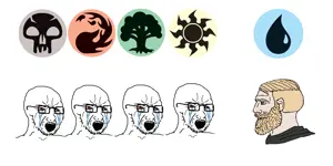 yes chad, soyak, 4soyjaks, angry, bald, beard, black, black eyes, blonde hair, blue