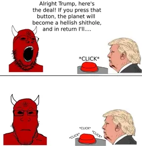 donald trump, gapejak, markiplier soyjak, 2soyjaks, bald, black eyes, blonde hair, button, closed mouth, demon