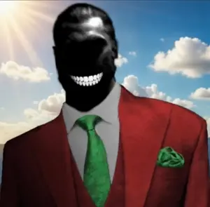 gigachad, nophono, yesphono, clothes, cloud, clouds, front view, gray skin, green tie, grin