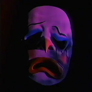 3d, black background, burnt, clown, clown makeup, clown nose, frown, mask, open mouth, shadow