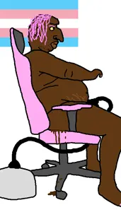 bernd, troonjak, 1soyjak, black eyes, black skin, brown troonjak, chair, cleavage, closed mouth, fat