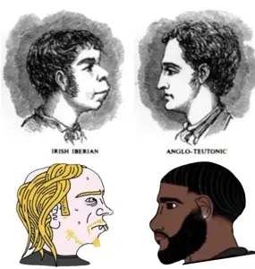 black tradcath, yes chad, anglo, anthropology, black skin, blonde hair, closed mouth, cumskin, english text, eugenics