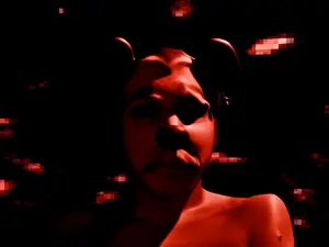 mickey mouse, 3d, black background, black eyes, black hair, cgi, closed mouth, deformed, front view, hair