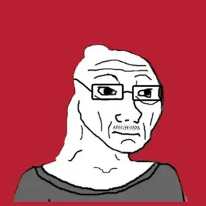 wojak, bald, black eyes, brainlet, glasses, red background, skinny, small brain, uncolored skin
