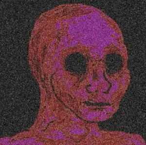 wojak, black background, black eyes, closed mouth, creepy, dark, depressed, ominous, ominous shadow, open eyes