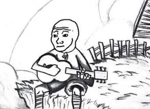wojak, bald, black eyes, closed mouth, drawing, fence, full body, guitar, neutral, no beard