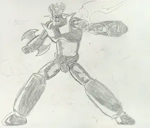 axe, drawing, full body, in real life, irl background, irl photo, mazinger z, pose, robot, traditional media