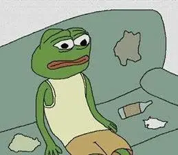 pepe, alcohol, beer, couch, drink, full body, no glasses, sad, sitting, sitting down