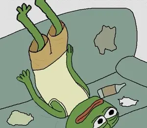 pepe, alcohol, beer, couch, drink, full body, no glasses, sad, skinny, sofa