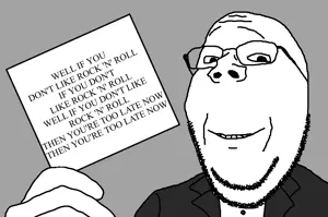 gapejak, wholesome soyjak, 1soyjak, bald, clothes, glasses, gray background, half open mouth, holding object, holding sign
