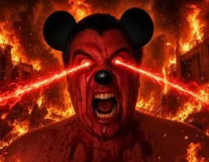mickey mouse, commiejak, feraljak, mickey, 1soyjak, angry, black hair, blood on face, burning, commie
