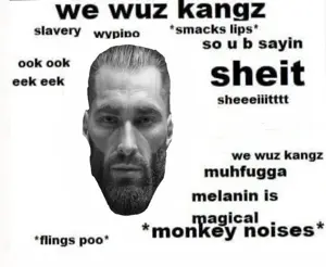 gigachad, beard, black eyes, black hair, buff, closed mouth, front view, gray hair, gray skin, hair
