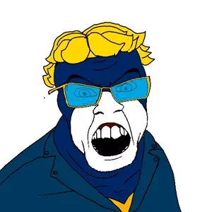 animal man, feraljak, 1soyjak, angry, animal man, black eyes, blonde hair, blue glasses, clothes, eat the bugs
