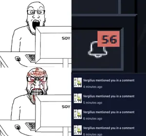 markiplier soyjak, booru notification, clenched teeth, closed mouth, computer, crying, crying blood, excited, flared nostrils, foaming at the mouth